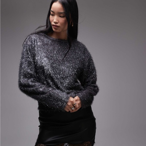 Women's Black Crew Neck Tinsel Sweater in Gunmetal NWT - Picture 1 of 7